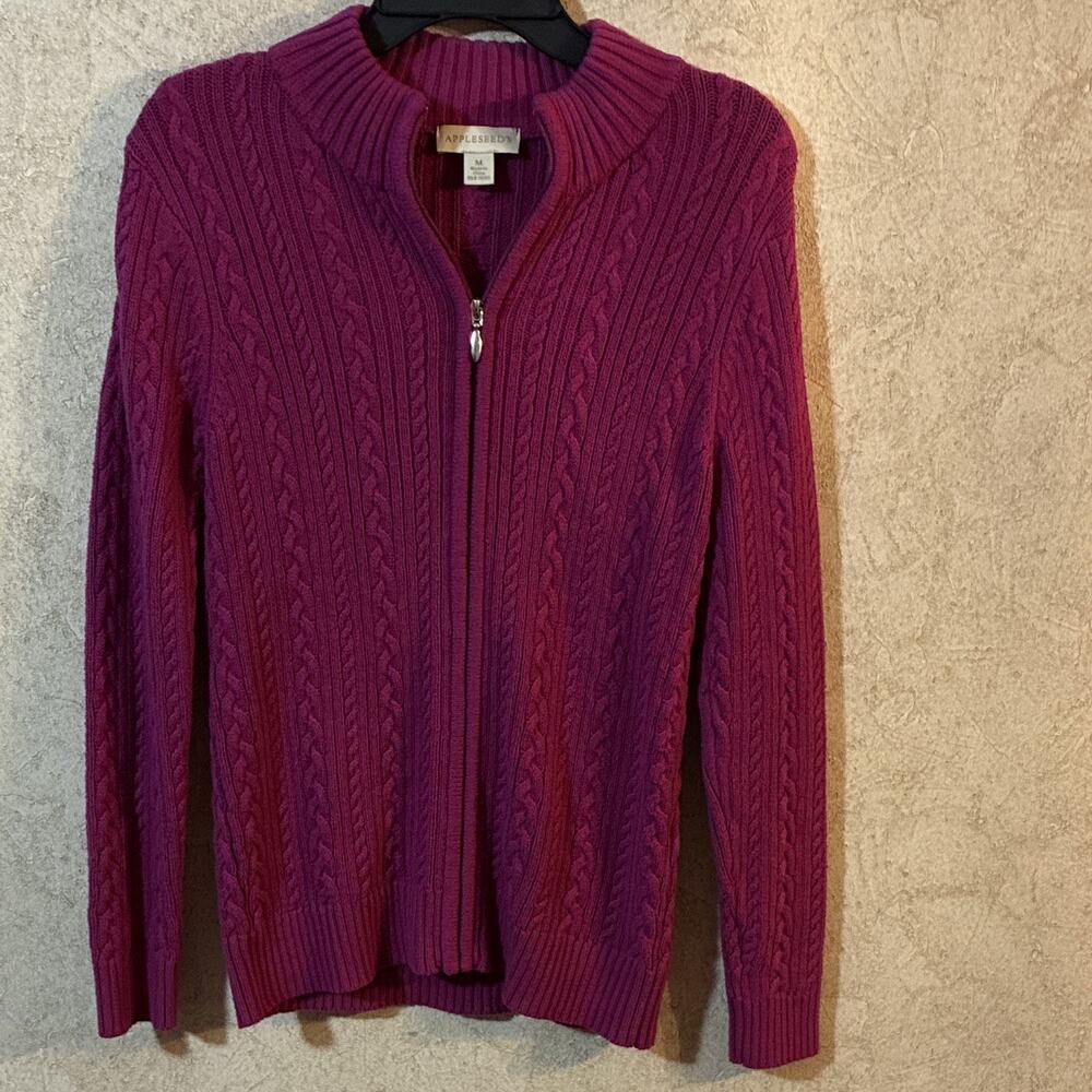 Appleseed's Women M Magenta Pink Cable Knit Full Zip Cardigan Sweater Preppy